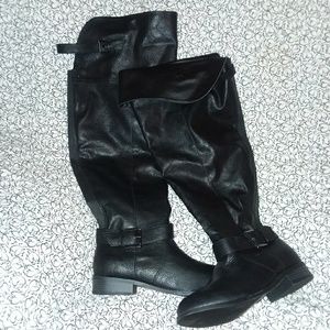 Over the knee, faux black leather boots